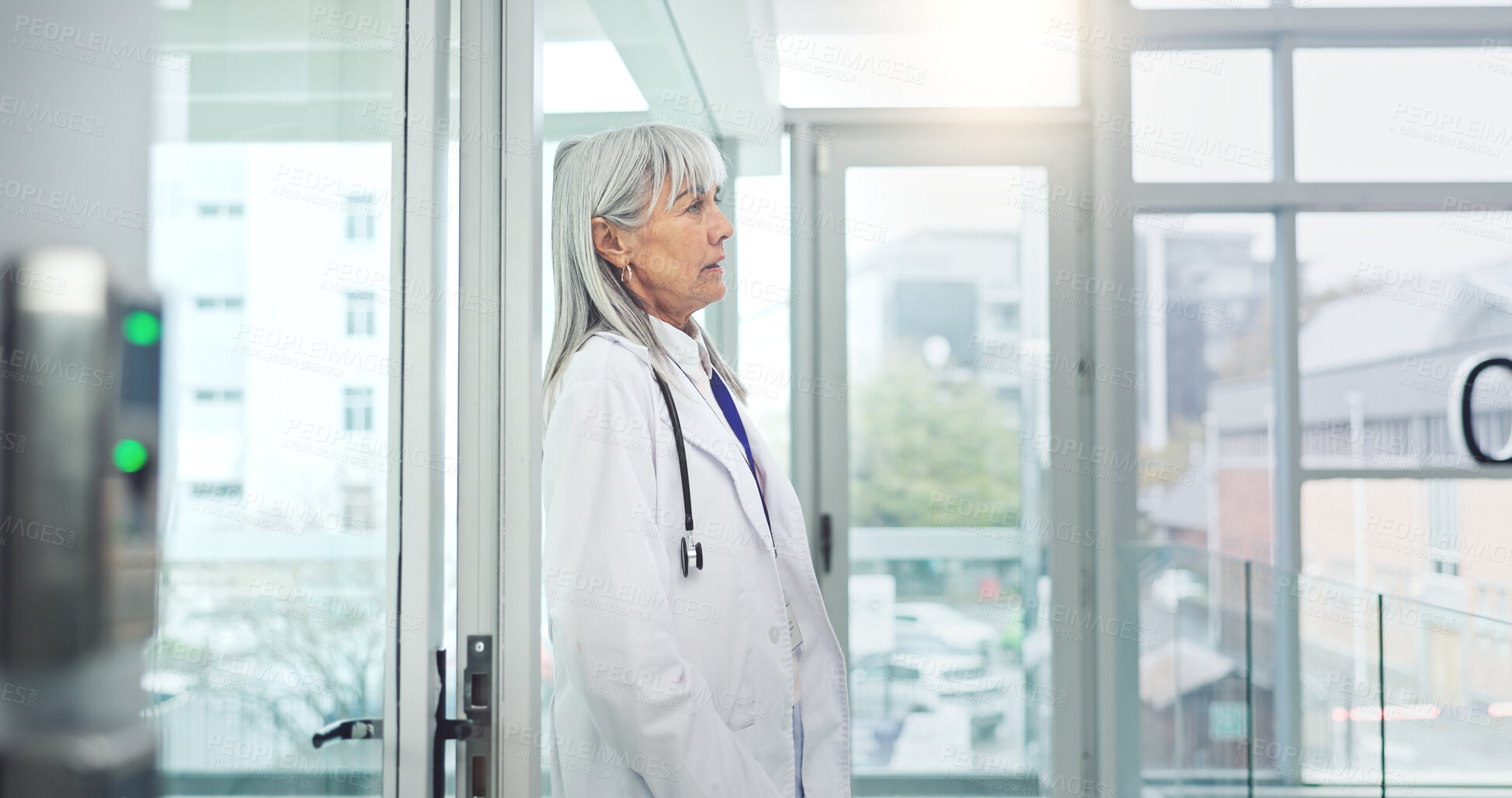Buy stock photo Sad, doctor and thinking in hospital with stress, difficult decision and concern for patient health. Mature woman, worry and reflection in clinic with bad news, medical problem and contemplation