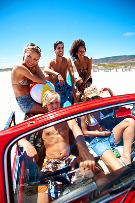 Buy stock photo Beach, happy friends and road trip in car for journey, drive and bonding in summer vacation. Convertible, laughing and people travel on holiday with ball, funny portrait and relax in transport