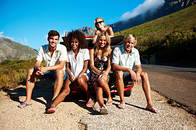 Buy stock photo Smile, road trip and portrait of friends outdoor for holiday, getaway or weekend together. Happy, car and group of people on summer vacation for connection, bonding or travel with adventure in nature