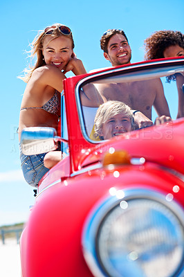 Buy stock photo Happy, woman and friends in car on road trip, driving and adventure together on vacation or journey. Outdoor, portrait and people with smile on summer holiday, connection and travel in vehicle