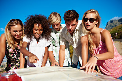 Buy stock photo Road trip, map and group of people in nature for vacation, getaway or weekend with bonding. Happy, planning and friends with navigation of route for summer holiday by car for travel together.