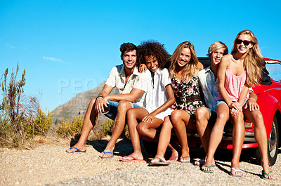Buy stock photo Portrait, laugh and friends with car on road trip, bonding and adventure together on summer vacation. Outdoor, space and happy people on holiday, connection and travel with transport in nature
