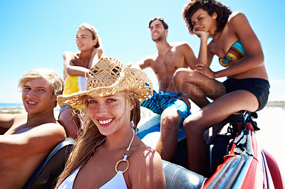 Buy stock photo Nature, happy friends and road trip in car for drive, adventure and bonding on summer vacation. Convertible, smile and people travel on holiday with portrait, journey and relax together at beach
