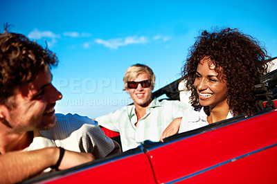 Buy stock photo Holiday, vehicle or friends outdoor with road trip, bonding together or happy moment in fun vacation. Car travel, smile or people with drive, getaway connection or auto adventure with summer break.