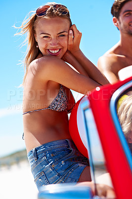 Buy stock photo Portrait, woman and road trip in car with friends, outdoor and adventure together for summer holiday. Happy, person and drive in convertible vehicle with social reunion, journey and travel vacation.