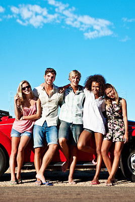 Buy stock photo Happy, portrait and friends with car on road trip, bonding and adventure together on summer vacation. Outdoor, space and people with smile on holiday, connection and travel with vehicle in nature