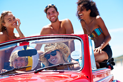 Buy stock photo Road trip, fun or friends in nature with vehicle, bonding together or happy moment on getaway. Travel, portrait or people outdoor with car, vacation connection or summer break with auto adventure.