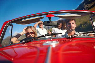 Buy stock photo Road trip, fun or friends outdoor with vehicle, bonding together or happy moment with holiday. Travel, portrait or people in nature with car, vacation connection or summer break with auto adventure.