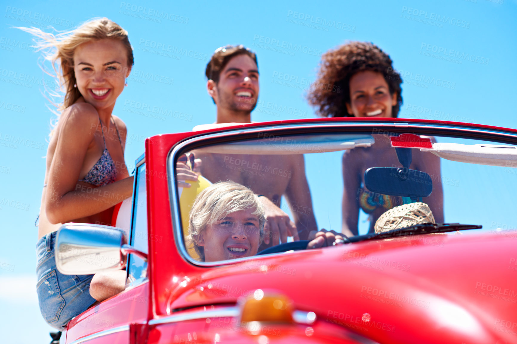 Buy stock photo Road trip, fun and friends outdoor with vehicle, bonding together and good time with getaway. Travel, portrait and happy people with car, vacation connection and summer break with auto adventure.
