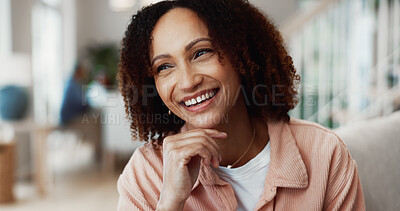 Buy stock photo Thinking, sofa and happy woman in home for daydreaming, weekend ambition or positive attitude. Mature person, contemplation or wonder with smile for good memory, nostalgia or funny moment in house