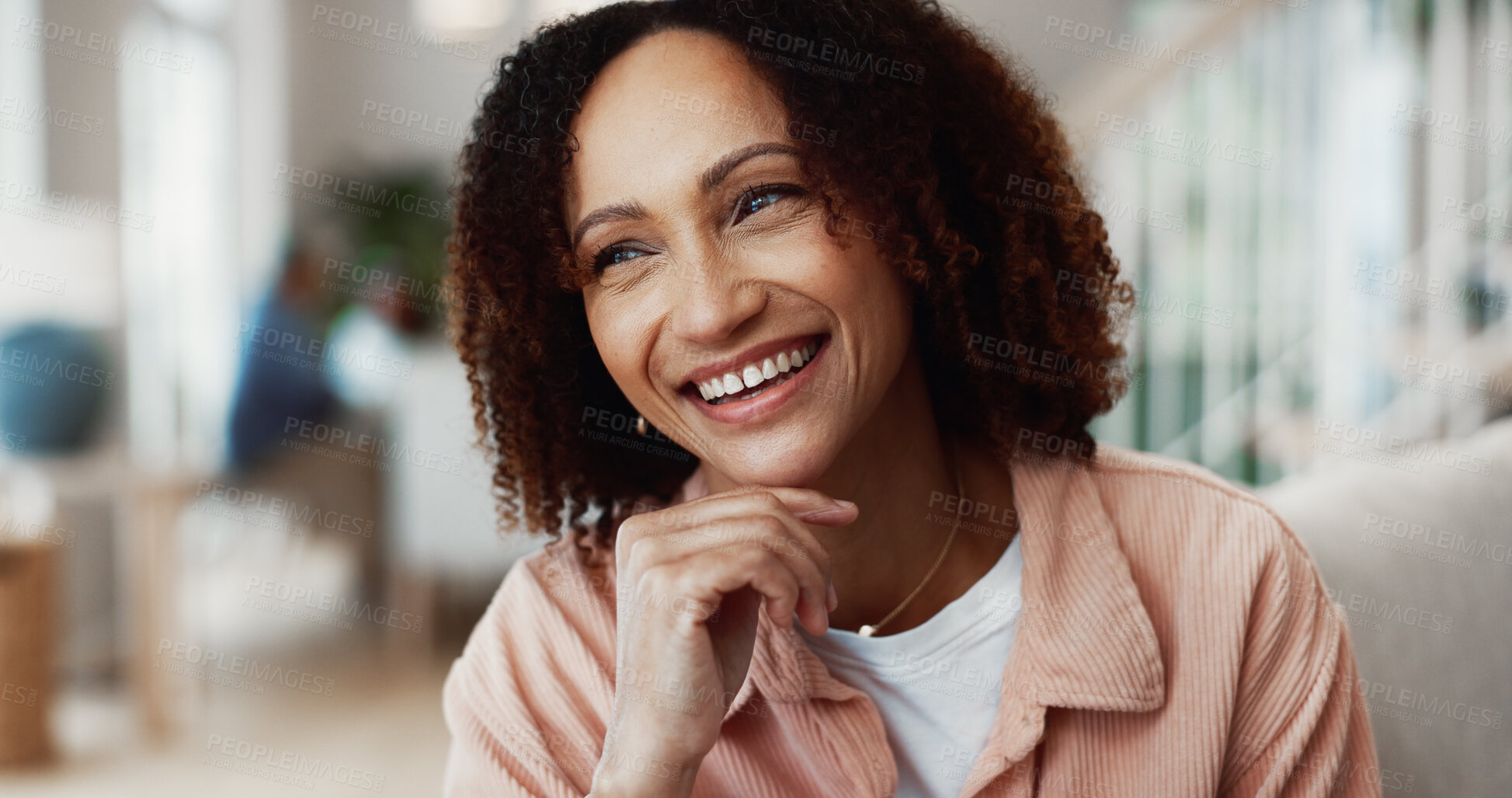 Buy stock photo Thinking, sofa and happy woman in home for daydreaming, weekend ambition or positive attitude. Mature person, contemplation or wonder with smile for good memory, nostalgia or funny moment in house