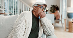 Old man, relax and yawning at house with fatigue, boredom and exhausted for low energy on sofa. Tired, senior person and sluggish in home for downtime, sleep deprivation and burnout for afternoon nap