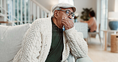 Buy stock photo Sick, old man and cough at house with handkerchief, congestion and chest irritation from flu. Senior person, phlegm and illness in lounge with sore throat, respiratory symptoms and chronic bronchitis