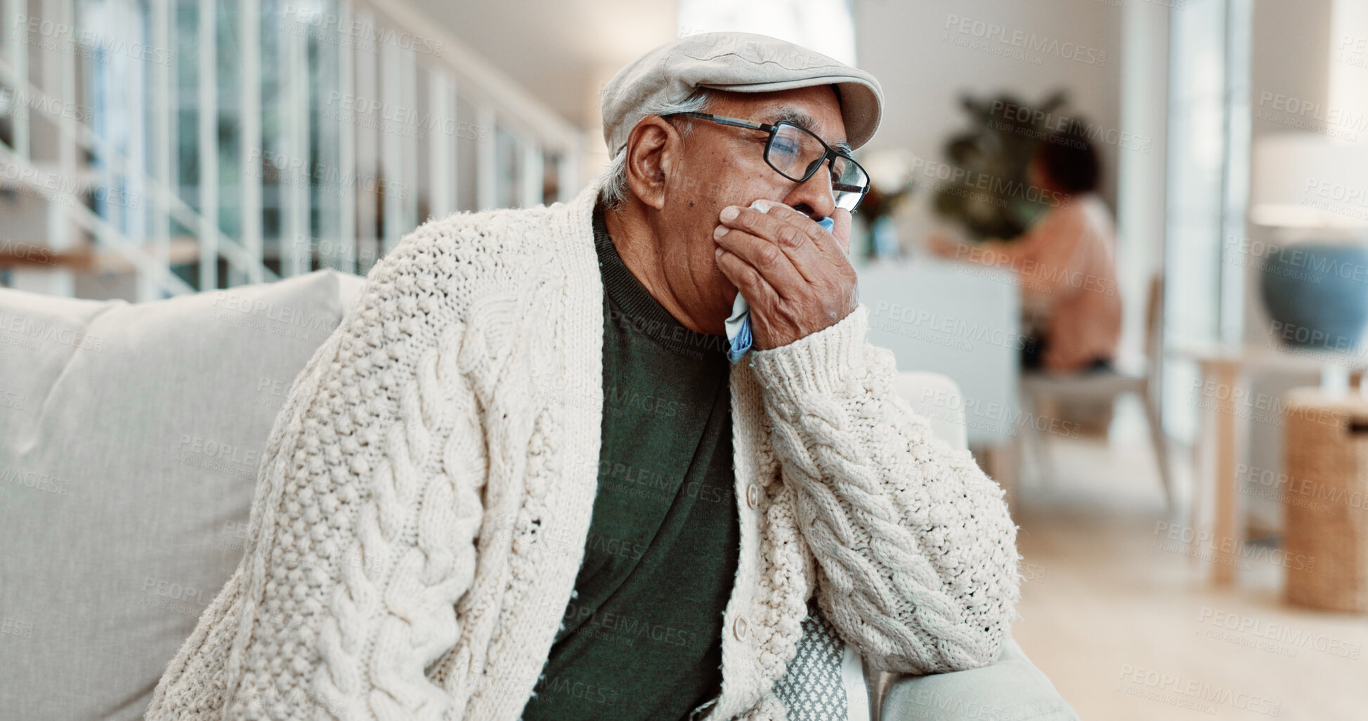 Buy stock photo Sick, old man and cough at house with handkerchief, congestion and chest irritation from flu. Senior person, phlegm and illness in lounge with sore throat, respiratory symptoms and chronic bronchitis