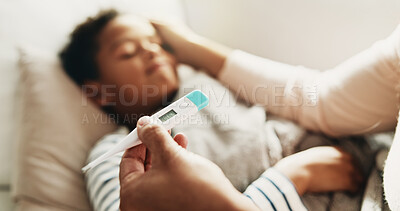 Buy stock photo Hands, mom and kid in home with thermometer, childcare and health monitor with flu symptoms. Sick, mother or child in living room with tech, parent comfort or temperature check in illness assessment.