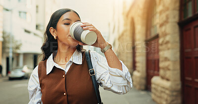 Buy stock photo Walking, drinking and businesswoman with coffee in city with travel in morning on street. Professional, warm beverage and corporate employee with job opportunity in urban town for commuting outdoor.