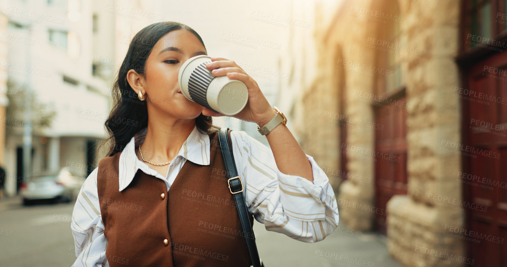 Buy stock photo Walking, drinking and businesswoman with coffee in city with travel in morning on street. Professional, warm beverage and corporate employee with job opportunity in urban town for commuting outdoor.
