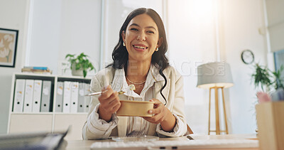 Buy stock photo Eating, portrait and smile of business woman in accounting office for lunch break or nutrition. Finance, food and risk management with happy bookkeeper in workplace for diet, health or hunger pov