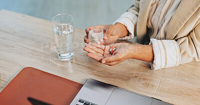 Buy stock photo Hands, medicine and water with business woman at desk in office for cure, health or remedy. Container, glass and pills with employee person in corporate workplace for medication, tablet or treatment