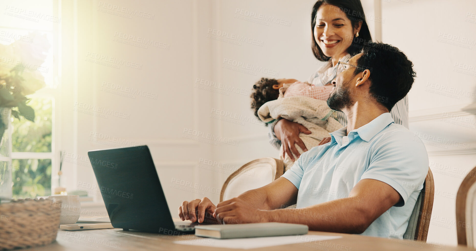 Buy stock photo Baby, mother and father with smile, remote work and love with laptop for online planning in home. Freelancer, dad and mom with child, tech and family in house with parents blog, article or bonding