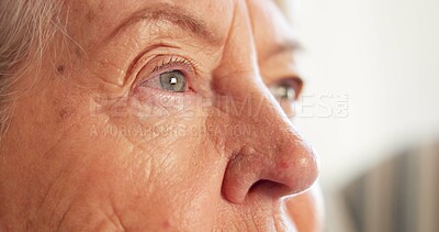 Buy stock photo Thinking, eyes and senior woman in house with insight, daydreaming and nostalgia in calm mindset. Retirement, space and elderly person with memory, flashback and peaceful perspective in home.