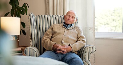 Buy stock photo Relax, sleeping and senior man on sofa with chill, comfortable rest and unwind on weekend break. Fatigue, cozy and elderly person in home with nap, peaceful dreaming and calm moment in retirement.