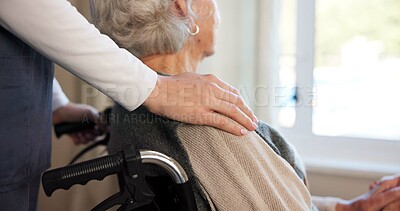 Buy stock photo Wheelchair, caregiver and hand with old woman for support, assisted living and kindness with empathy. Trust, medical nurse or person with disability, help and home care with window view in retirement