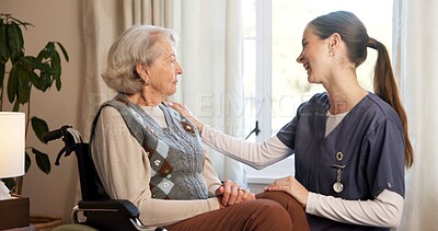 Buy stock photo Happy, nurse and empathy with old woman in wheelchair, assisted living or comfort for senior patient. Nursing home, caregiver and elderly person with disability, healthcare and support with gesture