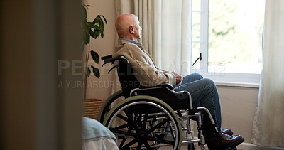 Buy stock photo Window, thinking and old man in wheelchair, retirement and patient in nursing home or contemplating. Memory, reflection and senior person with disability, thoughts and remembering choice on break