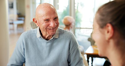 Buy stock photo Smile, daughter and old man in home for bonding, conversation and relax on weekend break. Woman, elderly father and talking in house with story, connection and visit with happy family in retirement
