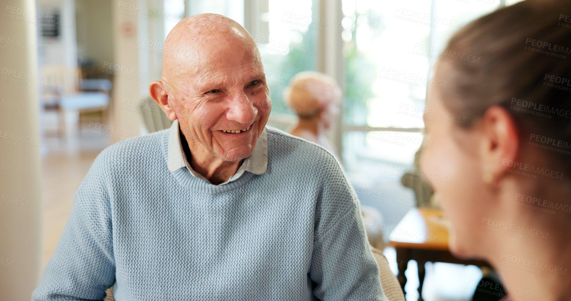 Buy stock photo Smile, daughter and old man in home for bonding, conversation and relax on weekend break. Woman, elderly father and talking in house with story, connection and visit with happy family in retirement