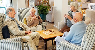 Buy stock photo Break, friends and talking with old people in living room of retirement home for community support. Conversation, happy and relax with group of seniors in apartment together for bonding or wellness