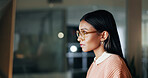 Glasses, reading and computer with business woman in office for night, revenue report or planning. Portfolio research, overtime and investor project with employee in agency for asset management space