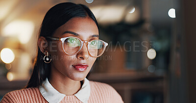 Buy stock photo Glasses, reading and online with business woman in office for night, revenue report and planning. Portfolio research, overtime and investor project with employee and tech for asset management space