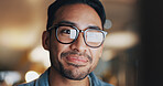 Glasses, smile and online with business man in office for night, revenue report and planning. Portfolio research, overtime and investor project with employee in agency for asset management space