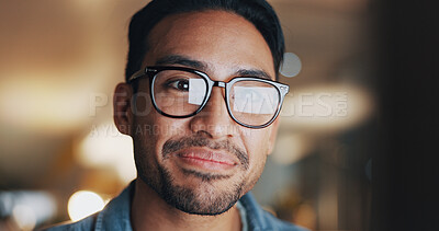 Buy stock photo Glasses, smile and online with business man in office for night, revenue report and planning. Portfolio research, overtime and investor project success with employee and tech for asset growth