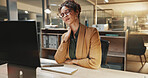 Technology, neck pain and businesswoman in office at night with bad ergonomics at finance career. Computer, spinal injury and financial manager with deadline for investment project in workplace.