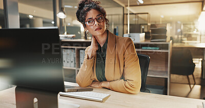 Buy stock photo Computer, neck pain and businesswoman in office at night with bad ergonomics at finance career. Technology, spinal injury and financial manager with deadline for investment project in workplace.