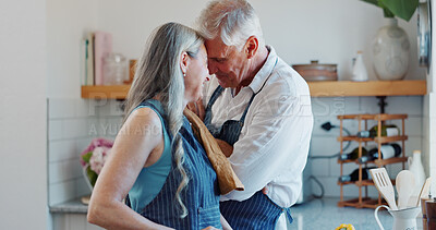 Buy stock photo Happy, cooking and love with old couple in kitchen for bonding, forehead touch and partner. Connection, support and peace with senior man and woman in home for retirement, trust and smile together