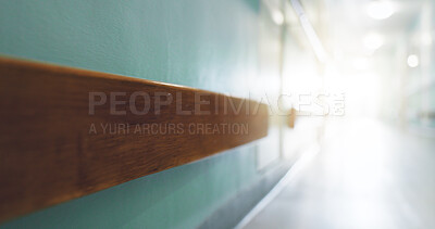 Buy stock photo Background, blur and empty corridor in hospital for healthcare, sterile interior or wellness. Flare, space and wallpaper with hallway in clinic for emergency services, medical care or therapy