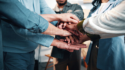 Buy stock photo Business, people and hands together in office with support, collaboration and motivation for project. Team, huddle and group synergy in workplace with solidarity, meeting and unity for company goals.