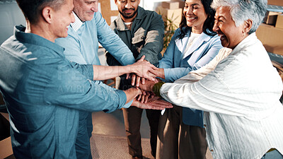 Buy stock photo Happy, people and hands together in small business with support, collaboration goals or sales target. Team, huddle and group synergy in workplace with solidarity, unity or profit for company success.
