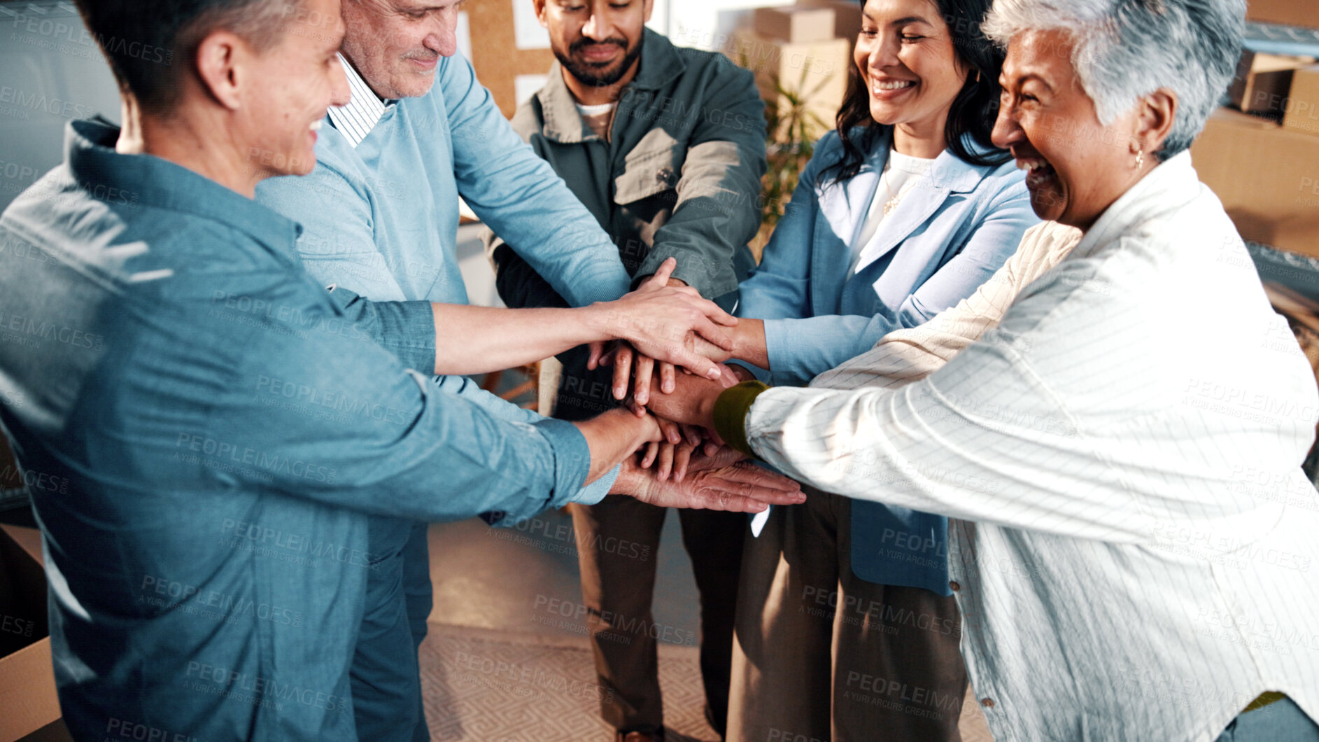 Buy stock photo Happy, people and hands together in small business with support, collaboration goals or sales target. Team, huddle and group synergy in workplace with solidarity, unity or profit for company success.