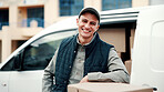 Portrait, driver and delivery man by van with box, shipping distribution and pride for supply chain. Happy, person outdoor and courier service with vehicle, ecommerce package and transport logistics.