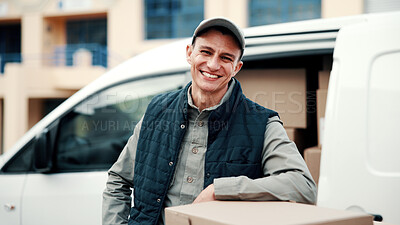 Buy stock photo Portrait, driver and delivery man by van with box, shipping distribution and pride for supply chain. Happy, person outdoor and courier service with vehicle, ecommerce package and transport logistics.