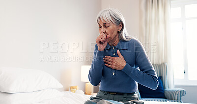 Buy stock photo Senior, woman and cough in bedroom with chest pain, flu symptoms and ill from respiratory infection. Sick, elderly person and asthma attack in retirement home with lung disease, virus or sore throat.