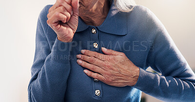Buy stock photo Hands, cough and old woman in house with chest pain, flu symptoms or ill from respiratory infection. Sick, elderly person and asthma attack in retirement home with lung disease, virus or sore throat.