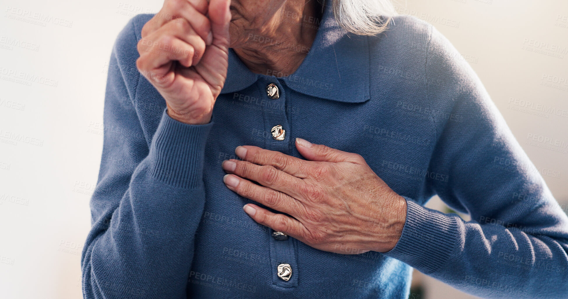 Buy stock photo Hands, cough and old woman in house with chest pain, flu symptoms or ill from respiratory infection. Sick, elderly person and asthma attack in retirement home with lung disease, virus or sore throat.
