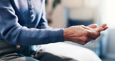 Buy stock photo Hands, massage or old woman in retirement home with arthritis symptoms, nerve damage or osteoporosis. Senior person, joint pain or inflammation in house with medical condition, fibromyalgia or sprain