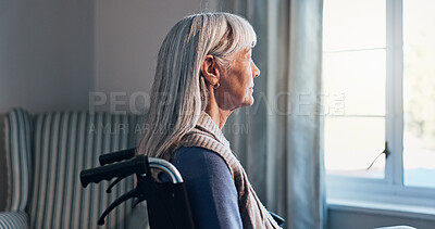 Buy stock photo Thinking, wheelchair and window with senior woman in retirement home for memories or nostalgia. Flare, remember and old person with disability in living room for contemplation, ideas or morning view
